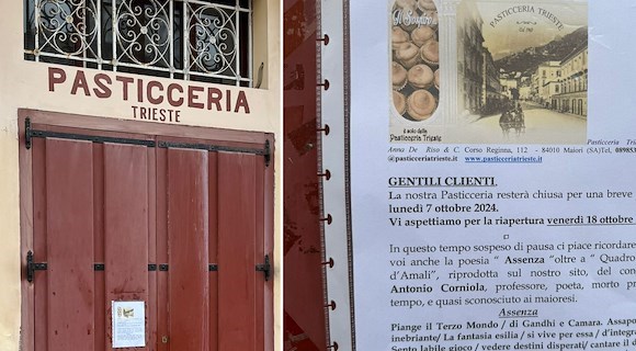 Maiori, la Pasticceria Trieste chiude per 10 giorni e fa un omaggio al poeta Antonio Corniola